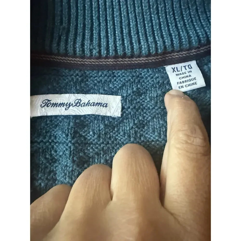 Tommy Bahama Men’s XL Blue Mock Neck Cotton Blend Sweater Pullover Button Knit
